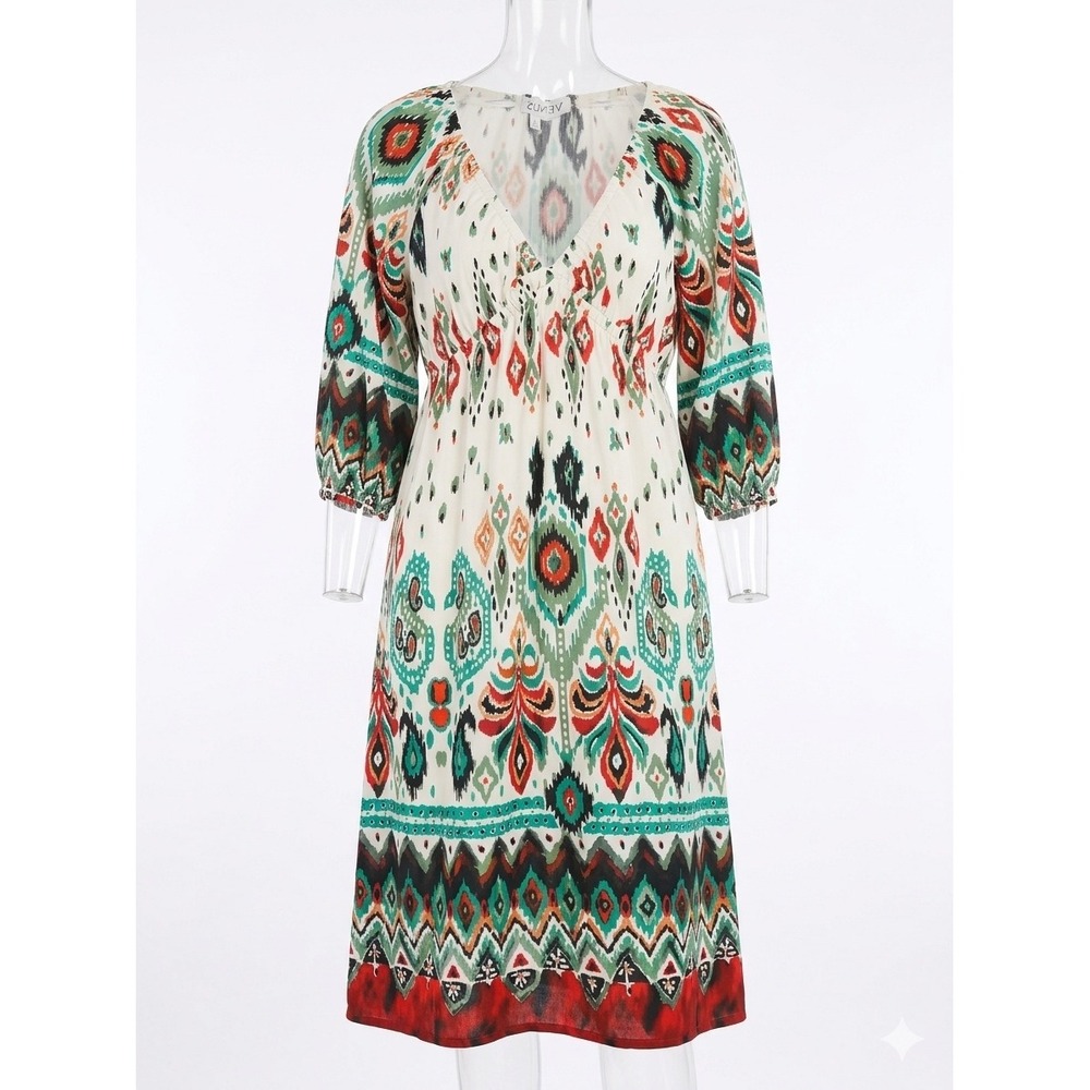 Venus Ikat Midi Dress Women Small Multicolor Good Empire Waist 3/4 Sleeve